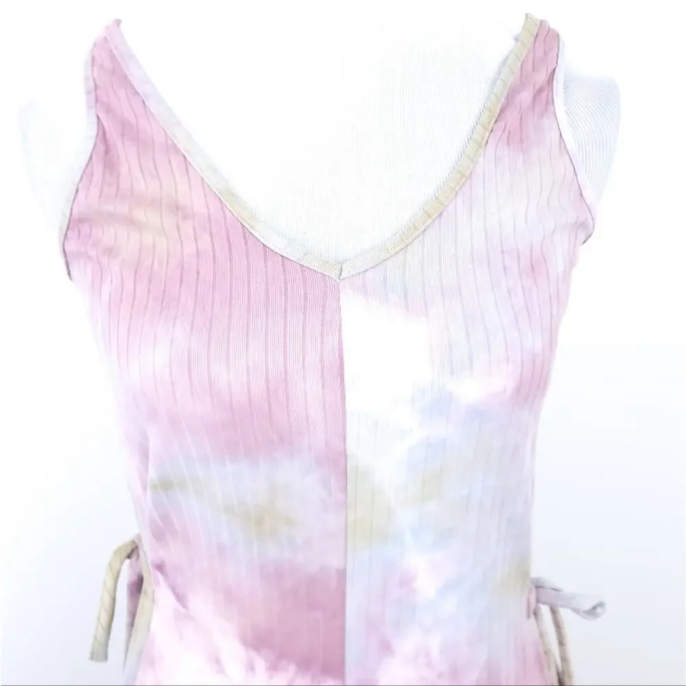 See You Monday Romper Medium, Tie Dye, Strapless, Pink, Blue, Side Ties, Summer